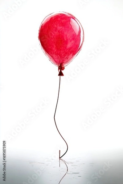 Fototapeta Single vibrant red balloon, glossy surface, on reflective white background