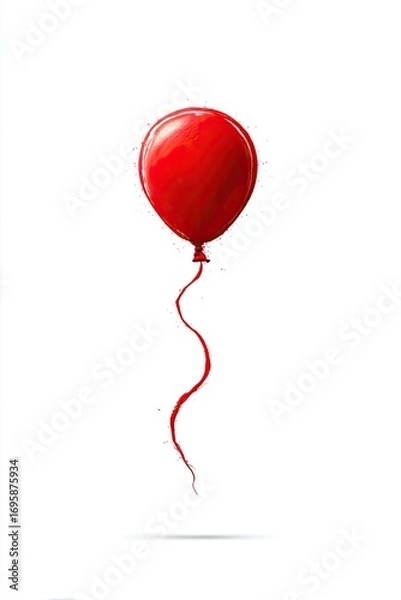 Fototapeta Single red balloon, glossy surface, floating on white background
