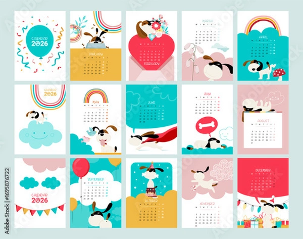 Fototapeta Calendar 2026 A4 with cute dog illustrations, full vector design