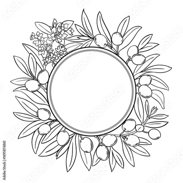 Fototapeta Olive Branch with Flowers, Berries and Leaves Outline Round Frame. Organic natural nutritional healthy food ingredient, vegetarian diet product. Vector isolated for design or decoration.
