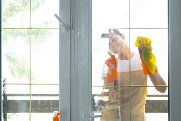 Fototapeta Woman in rubber gloves and apron manually washes window balcony of house with rag cleaner and mop outside behind glass. Restoring order and cleanliness in spring, cleaning servise