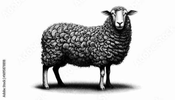 Fototapeta Detailed Sheep Illustration with Swirling Wool Texture on White Background