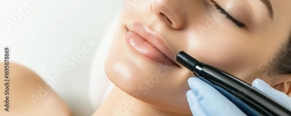 Fototapeta A close-up of a woman's face undergoing a cosmetic procedure, highlighting smooth skin and a beauty device in use.