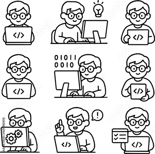 Fototapeta Programming Vector Icon Set – Minimal Monoline Style