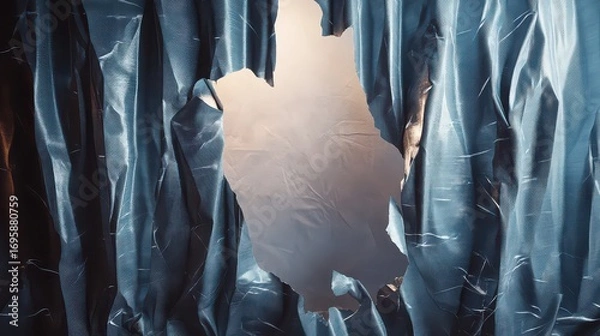 Obraz Torn blue curtain revealing a bright light behind it creating a sense of hope and new beginnings