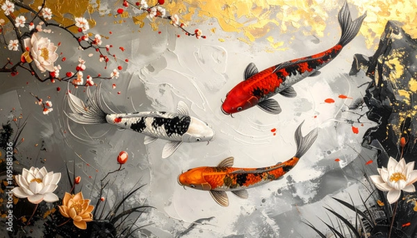 Fototapeta 錦鯉と金箔の和風アート 背景デザイン