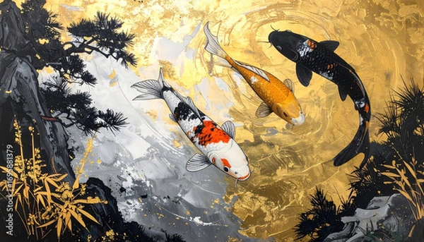 Fototapeta 錦鯉と金箔の和風アート 背景デザイン