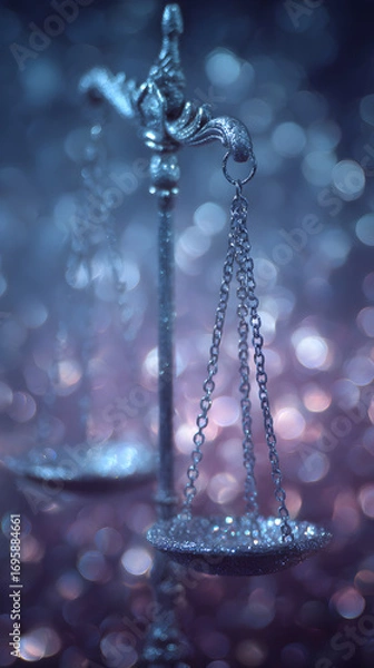 Fototapeta Elegant antique justice scales glittering with magic dust, symbolizing balance, fairness, and legal decisions in a dreamy bokeh background
