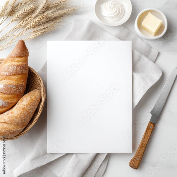 Fototapeta Menu mockup with blank paper surrounded by fresh bread, butter, cream, wheat and knife on white marble table, perfect for bakery or cafe presentation with cozy and inviting mood