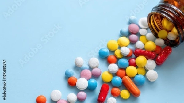 Fototapeta Colorful pills are spilling from a brown medicine bottle on a blue background, creating a vibrant and contrasting image related to health and medicine