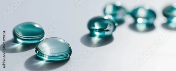 Fototapeta Shiny turquoise capsules creating a diagonal line on a white background with light reflections and shadows