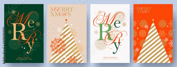 Fototapeta Merry Christmas and Happy New Year Set of greeting cards, posters, holiday covers. Xmas Design with beautiful snowflakes in modern line art style, Christmas tree and typography design. Christmas decor