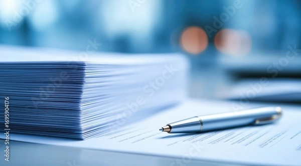 Obraz Documents and a Pen: Close-up shot of a stack of documents lying on a table beside a pen in soft focus, inviting inspection. A metaphor for the process of signing important contracts.
