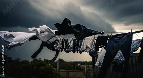 Obraz Clothes Drying on Line with Storm Clouds and Strong Wind