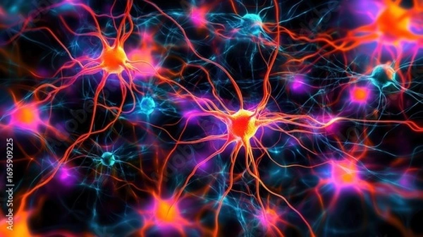 Fototapeta Vibrant neural network in neon pink, orange, blue. Futuristic glow, 2000s style, iridescent visuals. Modern backgrounds, digital art, tech-themed designs.