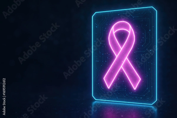 Fototapeta Neon pink ribbon medical symbol glows on futuristic digital background representing awareness, support, and hope for health causes in modern technology style