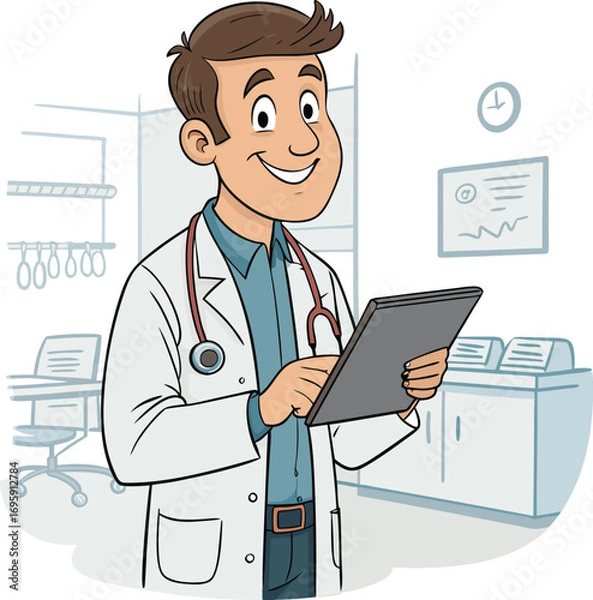Obraz Cartoon Doctor with Tablet in Clinic Vector Art