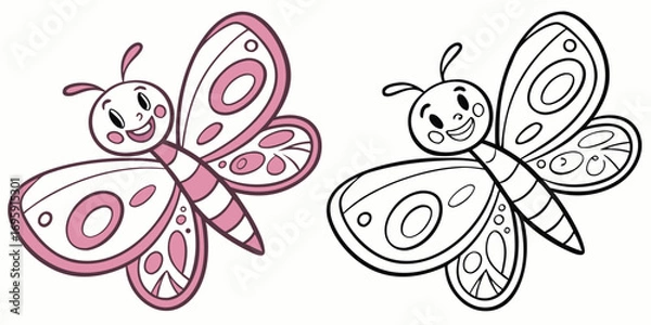 Fototapeta Pink and black line art butterfly with color version