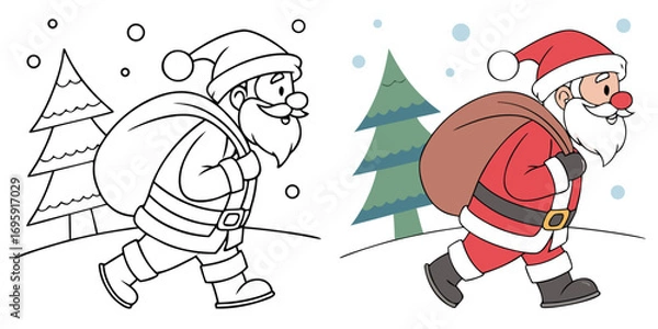 Fototapeta Santa Claus walking with a sack of gifts in the snow