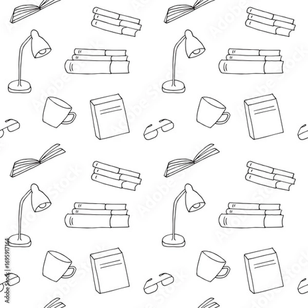 Obraz Cozy book reading time, seamless pattern, hand drawing, vector illustration