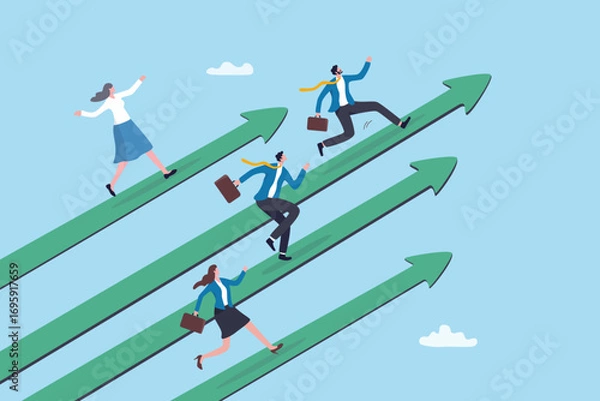 Fototapeta Employee motivation, achievement or success aspiration, leadership, teamwork or growth strategy, employee engagement career growth challenge, business people employee running on growth arrow path.