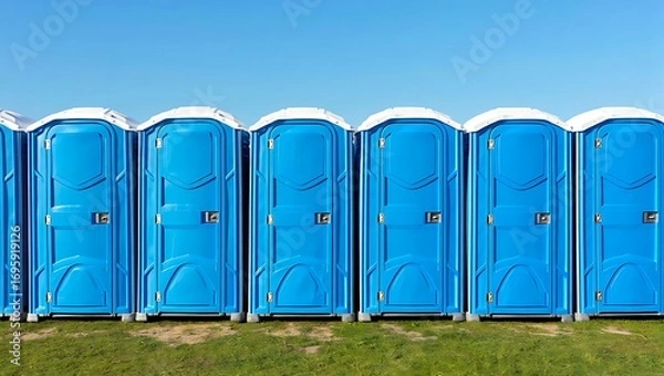 Fototapeta Row of bright blue portable toilets lined up neatly on green grass under a clear blue sky