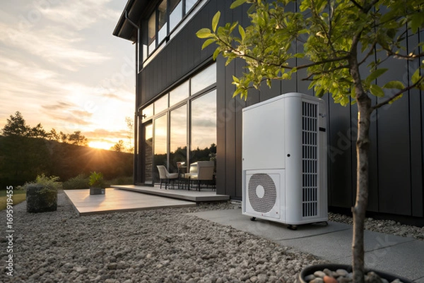 Fototapeta Modern Home and Eco-friendly Tech: An architectural vision showcases a modern house with an energy-efficient heat pump set amidst a beautifully landscaped outdoor space.