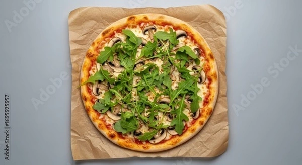 Fototapeta Delicious Mushroom Pizza with Arugula on Baking Paper