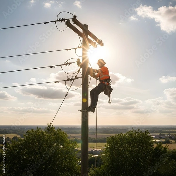 Obraz Skilled lineman wearing safety gear works on a utility pole with power lines against a bright sky