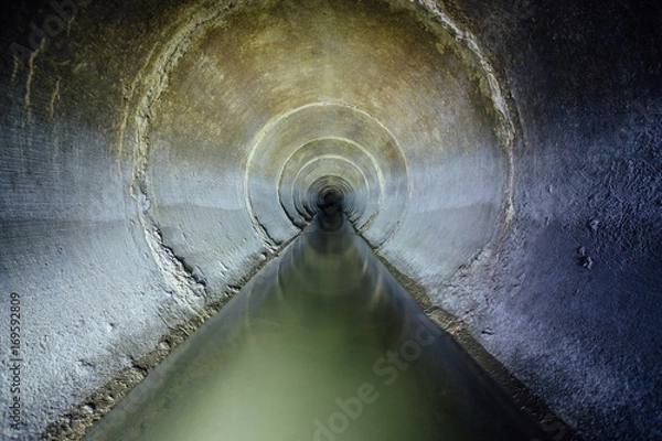 Fototapeta Brudne ścieki komunalne przepływające przez rurę tunelu kanalizacyjnego