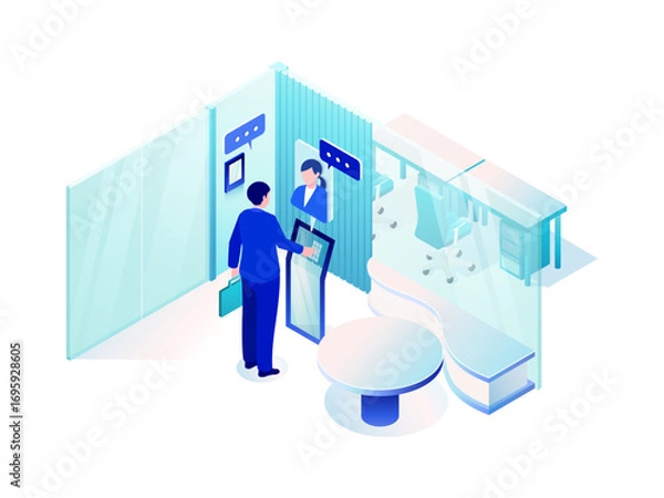 Obraz Isometric Office Entrance with Digital Intercom and Unmanned Reception – Vector Illustration