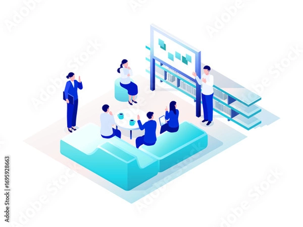 Obraz Isometric Office Brainstorming Scene with Team Collaboration – Vector Illustration