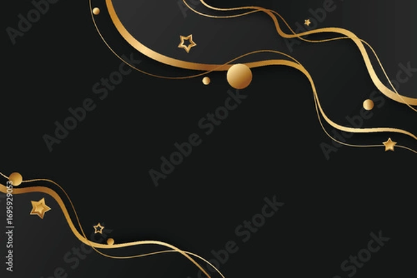 Fototapeta Luxurious black background with golden wavy lines and stars. Shiny elegant gold and black wave design for website, poster, cover, banner, gala, events.