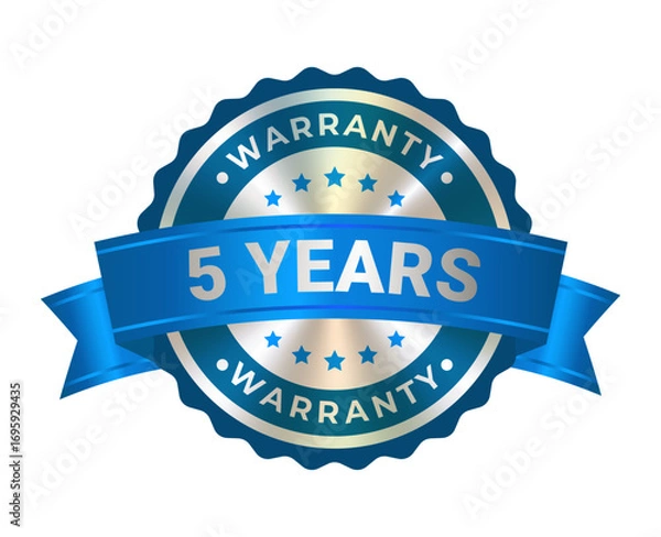 Fototapeta Round silver medal with award blue ribbon, warranty badge icon with 5 years guarantee label, quality assurance seal and certification emblem isolated on transparent background. Vector EPS10