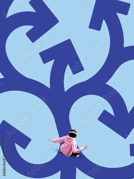 Fototapeta Bright artwork. Woman in hoodie facing many blue arrows with confused emotion. Concept of decision making, future uncertainty, complex choices, business strategy, and challenge.