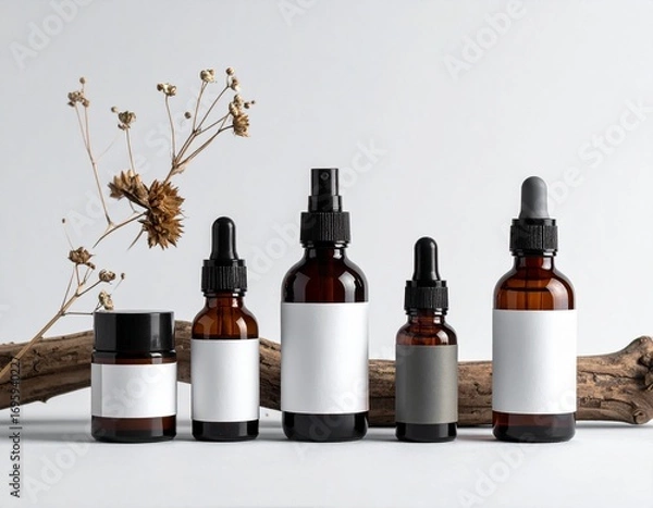 Obraz 茶色のガラス瓶とドライフラワーを使った化粧品スキンケアモックアップ｜ナチュラル,オーガニック,美容,ガラス瓶,アロマ