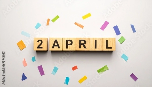 Fototapeta Wooden Blocks with Date 2 April. Calendar for birthday or anniversary on solid colored background with confetti