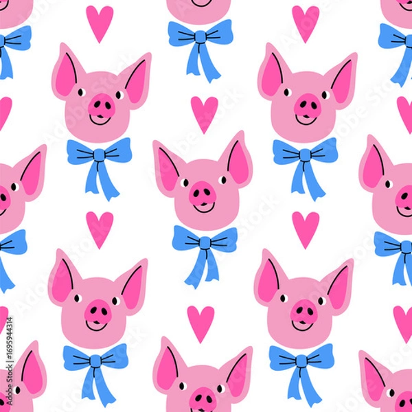 Fototapeta Vector seamless pattern with funny pigs in bow ties