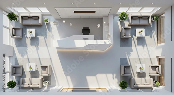 Fototapeta Aerial view of a modern lobby with white furniture and plants under a skylight with sunlight streaming in