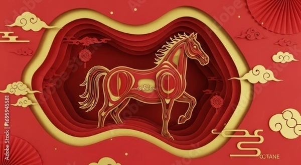 Obraz Year of the Horse Paper-cut Style Chinese New Year Illustration