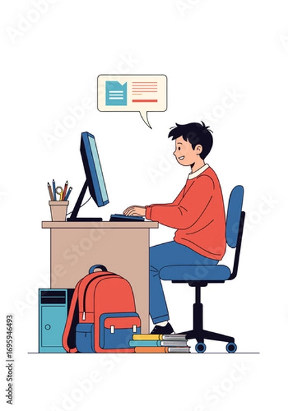 Fototapeta Young student diligently learning online with computer and books, ready for school success