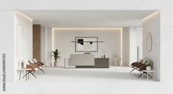Fototapeta A modern waiting area with chairs, reception desk, artwork and plants in a bright and minimalist space