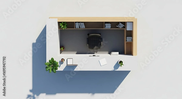 Fototapeta Aerial view of a modern office setup with desk, chair, shelving, and plants in a bright space