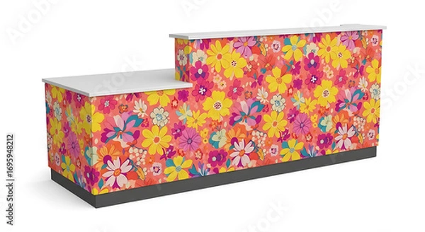 Fototapeta A reception desk with a floral pattern and a white countertop in a studio setting on a white backdrop