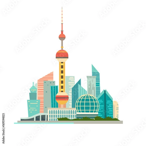 Fototapeta Shanghai cityscape vector icon. Chines urban modern background, isolated on white. Buildings and tower construction