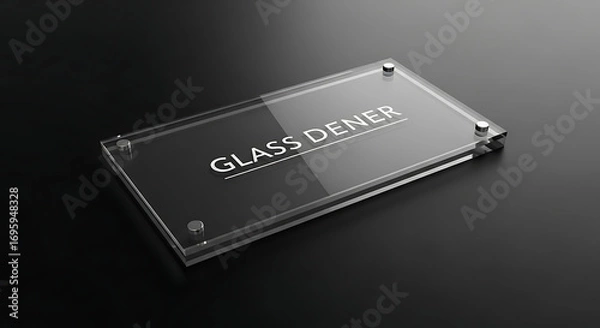 Fototapeta A rectangular glass sign with the words glass dener on a dark surface with silver accents