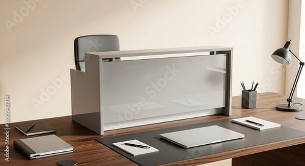 Fototapeta A modern office setup featuring a sleek desk, chair, lamp, and various office supplies on a wooden surface