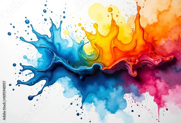 Obraz A splash of liquid watercolor in bright colors on white paper, creativity and inspiration, abstract art, joyful and energetic