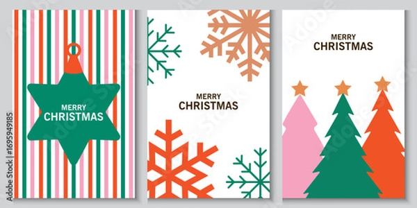 Fototapeta Merry Christmas and Happy New Year background, banner, cover, poster design with trendy flat style.Creative retro hand drawn Christmas cards, Festive xmas concept  in modern minimalist geometric style