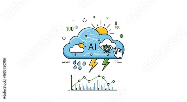 Fototapeta Cartoon illustration of ai cloud with weather elements and a stock market graph on a white background